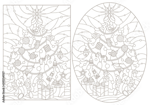 Contour illustrations of a stained glass window with a Christmas trees and a toy bear ,dark outlines on white background