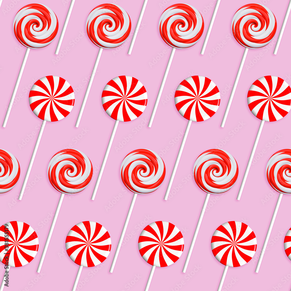 Seamless texture of striped red and white lollipops on a pink background. 3D rendering and 3D illustration.