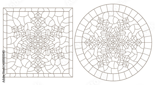 Set of contour illustrations in the stained glass style with snowflakes, round and square images, dark contours on a white background