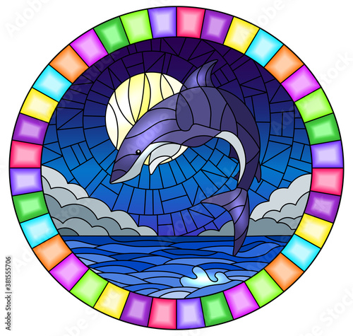 Illustration in stained glass style with a shark on the background of water ,cloud, night sky and moon