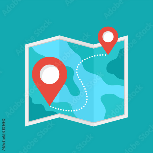 Map with geolocation pins and route icon - decorative element for tourism or GPS navigation