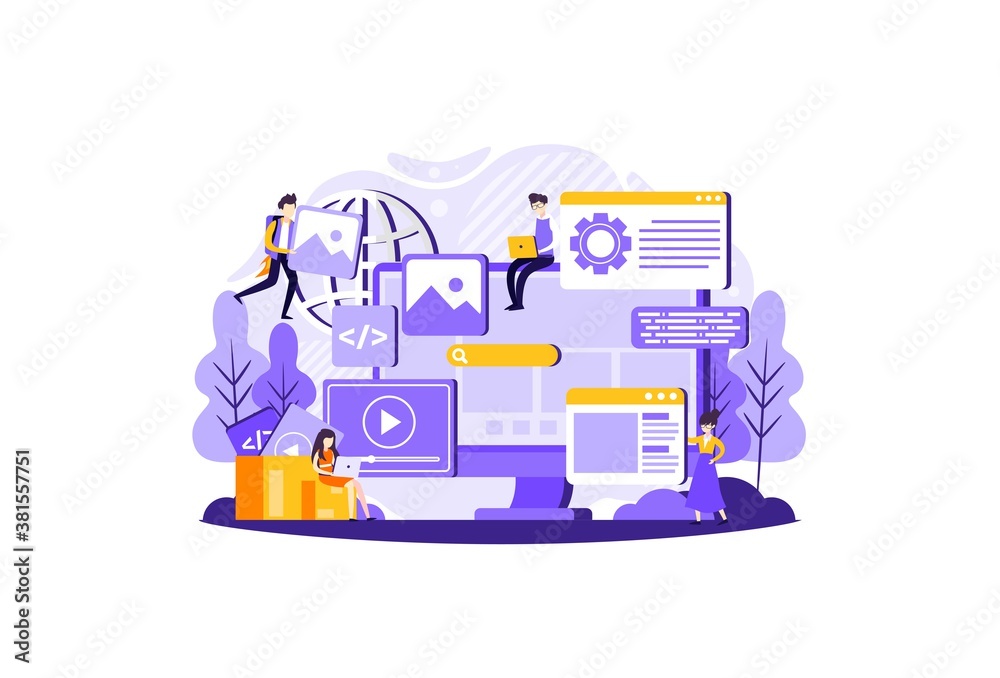 Fototapeta premium Digital advertising, Social media marketing, E-mail marketing, Content promotion - conceptual tiny people illustration. Vector illustration