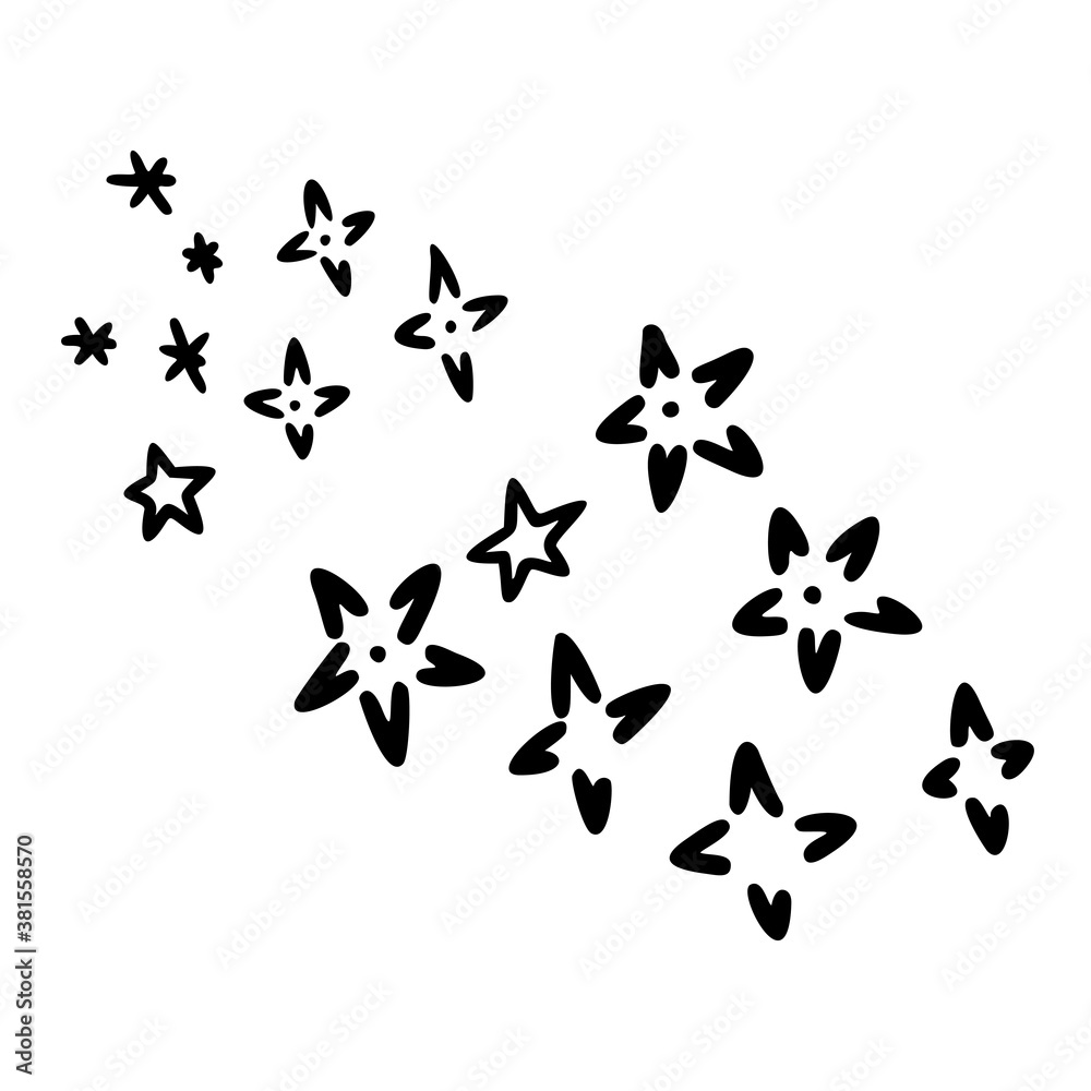 Snowflakes and Stars Christmas set, outline hand drawn elements. Xmas doodle icon elements. Christmas stars hand drawn set. Modern simple style. Vector illustration isolated on white background.