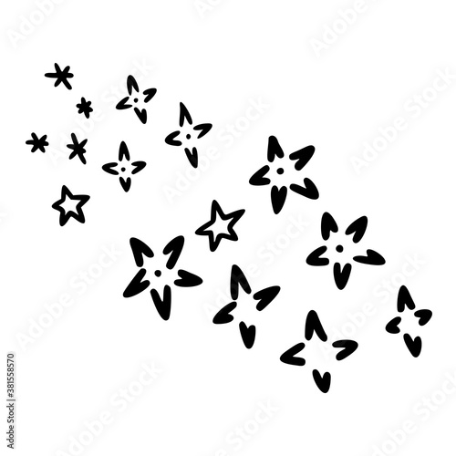 Snowflakes and Stars Christmas set, outline hand drawn elements. Xmas doodle icon elements. Christmas stars hand drawn set. Modern simple style. Vector illustration isolated on white background.
