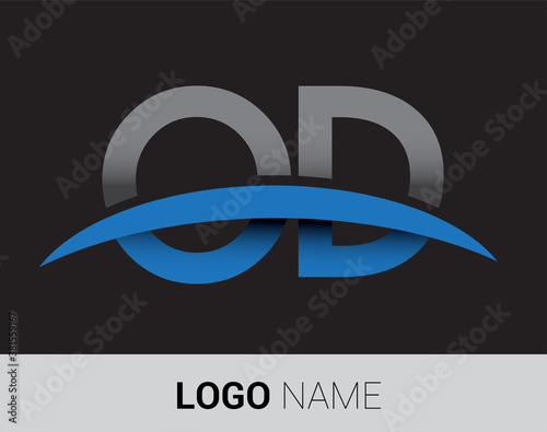 OD initial logo company name colored grey and blue swoosh design.