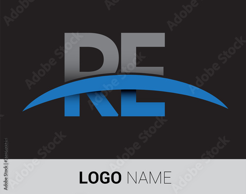 RE initial logo company name colored grey and blue swoosh design.
