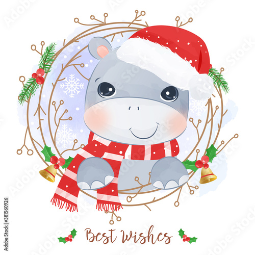 Adorable hippo illustration for Christmas decoration. Christmas greeting card decoration.
