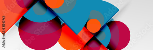 Bright color circles, abstract round shapes and triangles composition with shadow effects. Vector modern geometric design template