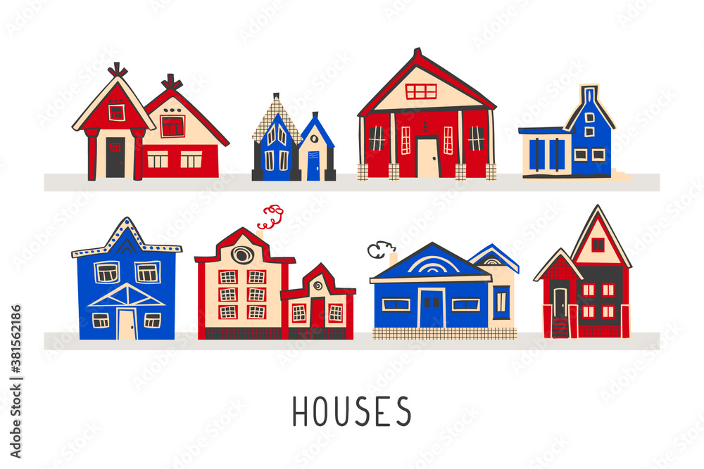 Collection of hand drawn flat houses. Vector cartoon illustration with different buildings Collection of hand drawn flat houses. Vector cartoon illustration with different buildings