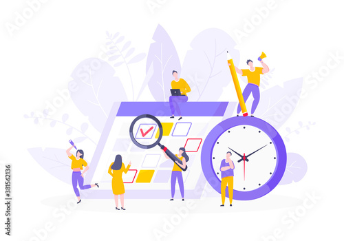 Calendar planning schedule business concept vector illustration. Tiny people with large pencil, magnifier do working plan on day calendar and checks dates. Time management or deadline metaphor.