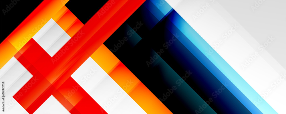 Geometric abstract backgrounds with shadow lines, modern forms, rectangles, squares and fluid gradients. Bright colorful stripes cool backdrops