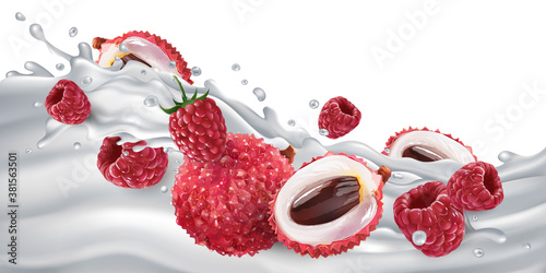 Lychee and raspberries on a yogurt or milk wave.
