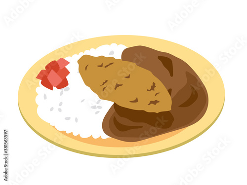 お皿に乗った日本風のカレーライス（白身魚フライのカレー）
