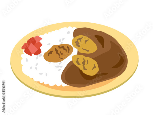 お皿に乗った日本風のカレーライス（牡蠣フライのカレー）