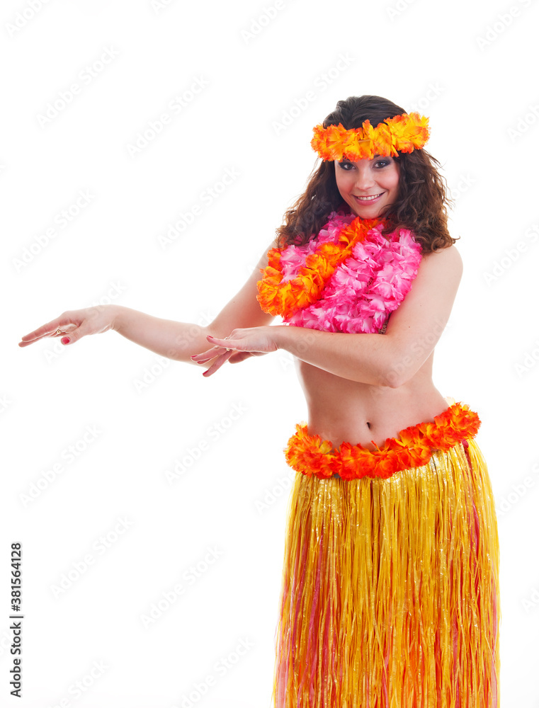 Beautiful young female dancer in traditional Hawaii dress in with orange  skirt and flower wreath in her hair in various poses Stock Photo | Adobe  Stock