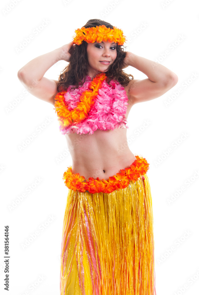 Beautiful young female dancer in traditional Hawaii dress in with orange skirt and flower wreath in her hair in various poses