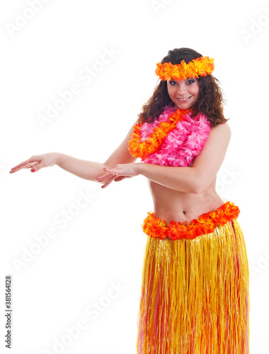 Beautiful young female dancer in traditional Hawaii dress in with orange skirt and flower wreath in her hair in various poses