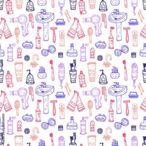 Seamless pattern with cute hand drawn bathroom icons. Vector doodle collection