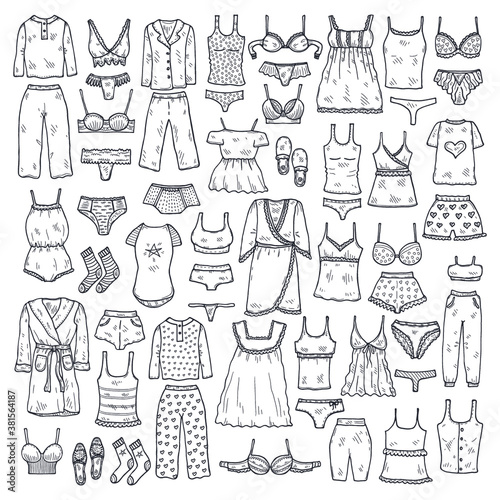 Big set with cute hand drawn lingerie, pajamas and bathrobes. Collection of clothes for sleeping and relaxing. Vector illustration