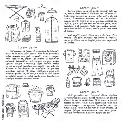 Illusrtation with hand drawn laundry icons. Collection of sketched objects.  Home laundry service. Accessories for washing and drying clothes