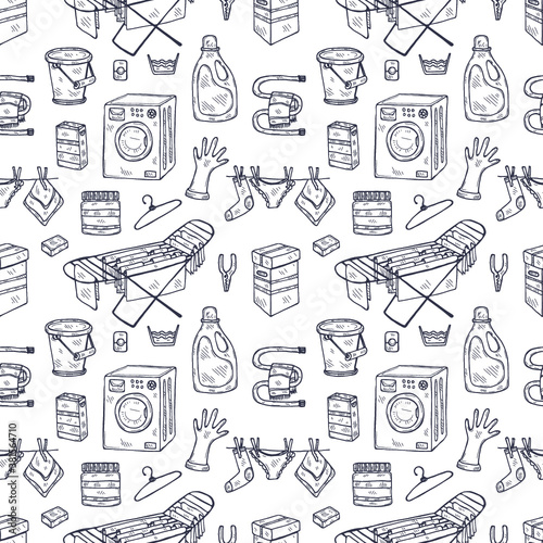 Seamless pattern with hand drawn laundry icons. Collection of sketched objects.  Home laundry service. Accessories for washing and drying clothes