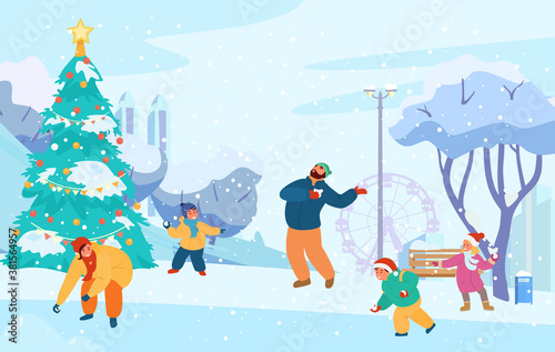 Winter Park Scenery With Happy Family Playing Snowball Fight. City Silhouette, Christmas Tree, Bench, Snowy Trees. Flat Vector Illustration.