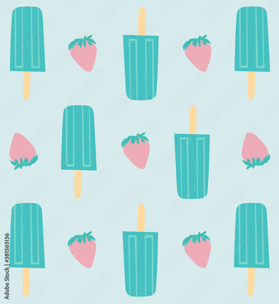Multicolored ice-cream and strawberry pattern on a soft blue background. Sweet summer pattern Multicolored ice-cream and strawberry pattern on a soft blue background. Sweet summer pattern