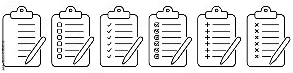 Set of clipboard and pen with checklist icon Set of clipboard and pen with checklist icon