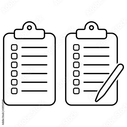 Set of clipboard and pen with checklist icon