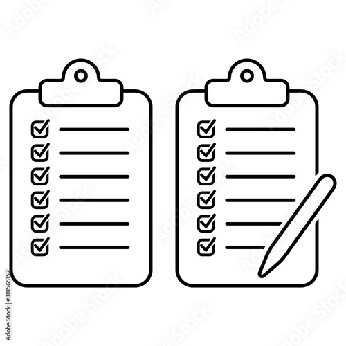 Set of clipboard and pen with checklist icon