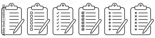 Set of clipboard and pen with checklist icon