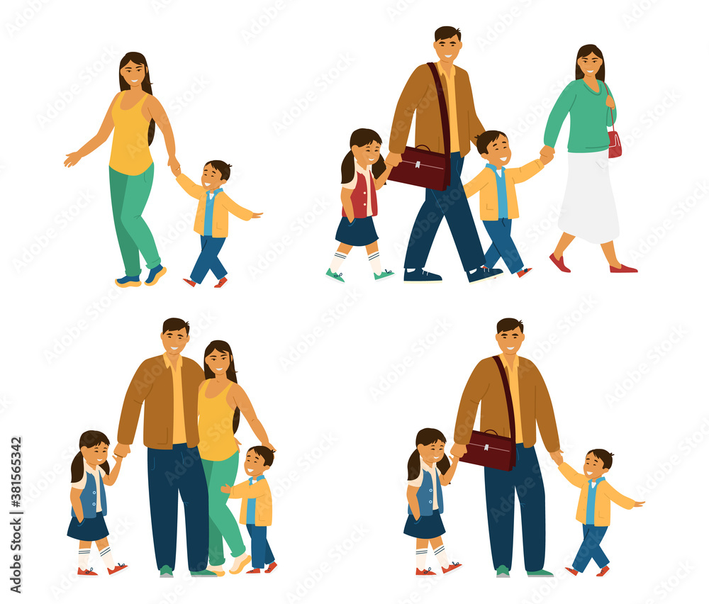 Obraz premium Flat Vector Illustration Of Smiling Asian Family With Kids. Young Parents With Children Walking, Hugging, Standing. Isolated On White.