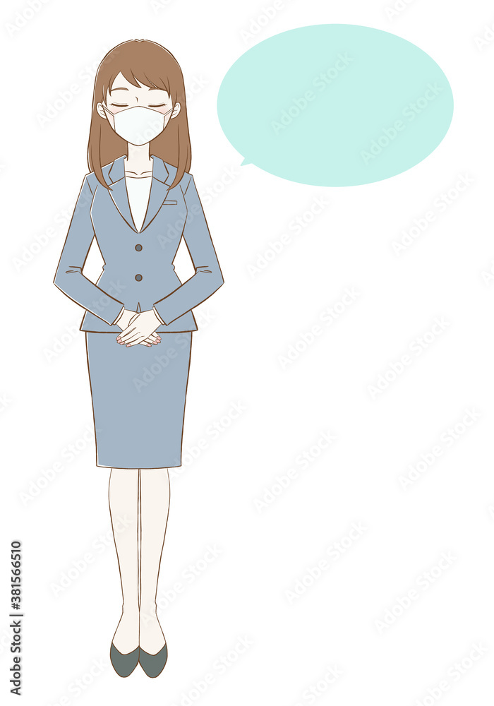 マスクをしたスーツを着た女性　目礼　吹き出し	
