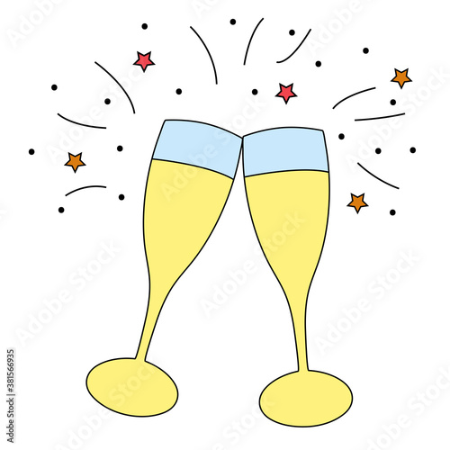 Colorful two Champagne glasses toasting celebration - black and white simple outline vector hand drawn.