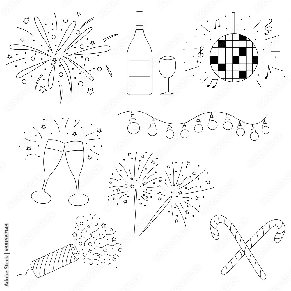 Christmas, Happy New Year and Winter icons collection. Set of holidays symbols, elements.