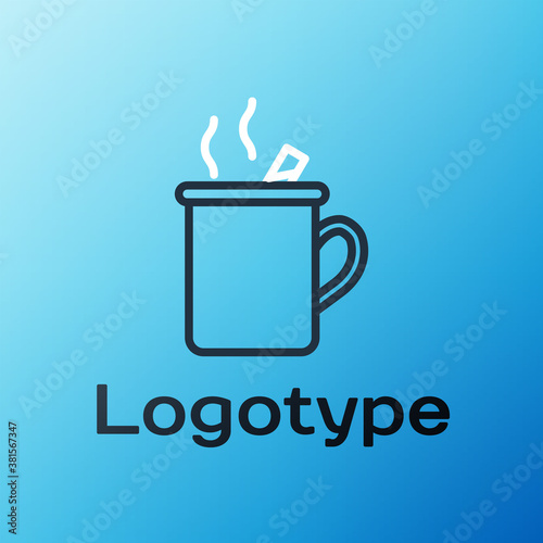 Line Mulled wine with glass of drink and ingredients icon isolated on blue background. Cinnamon stick, clove, lemon slice. Colorful outline concept. Vector Illustration.