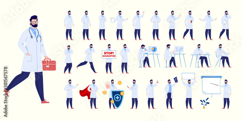 Doctor character creation set with various poses and gestures. Isolated. Male doctor.