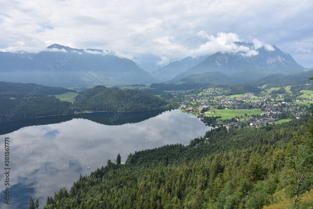Panoramic view of the mountains and lake around Altaussee in Styrian Salzkammergut, Austria.