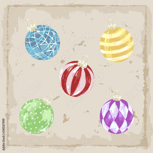 Set of red, yellow, purple and green christmas balls. Five christmas balls with circls, dots, frosty patterns and pearls. Vintage collection of greeting cards. Vector illustration.