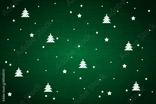 Green Christmas background with white painted Christmas trees and stars. New year's invitation card, greeting card with darkened edges