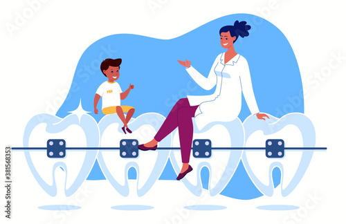 Ose-up beautiful straight white teeth with braces. The doctor and the boy are sitting, talking, smiling. Vector Flat Cartoon illustration.