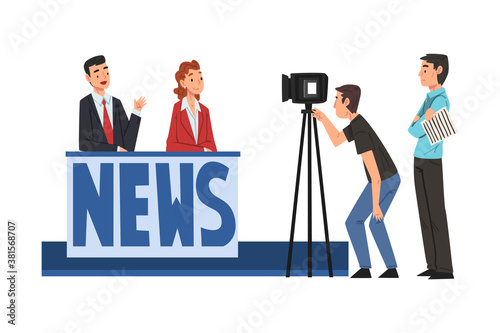 People on TV Studio Making News, Television Industry Concept Cartoon Style Vector Illustration