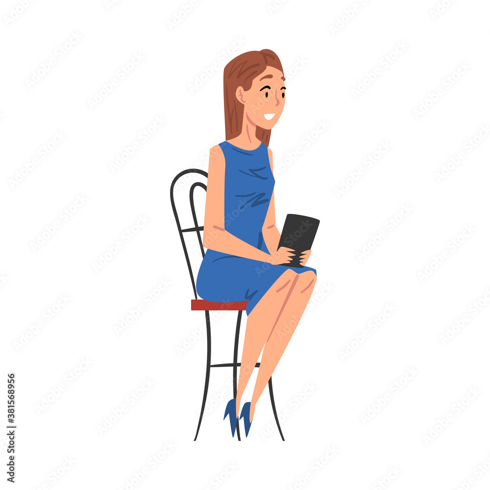 Woman Journalist Sitting on Chair Interviewing Somebody, Television Industry Concept Cartoon Style Vector Illustration Woman Journalist Sitting on Chair Interviewing Somebody, Television Industry Concept Cartoon Style Vector Illustration
