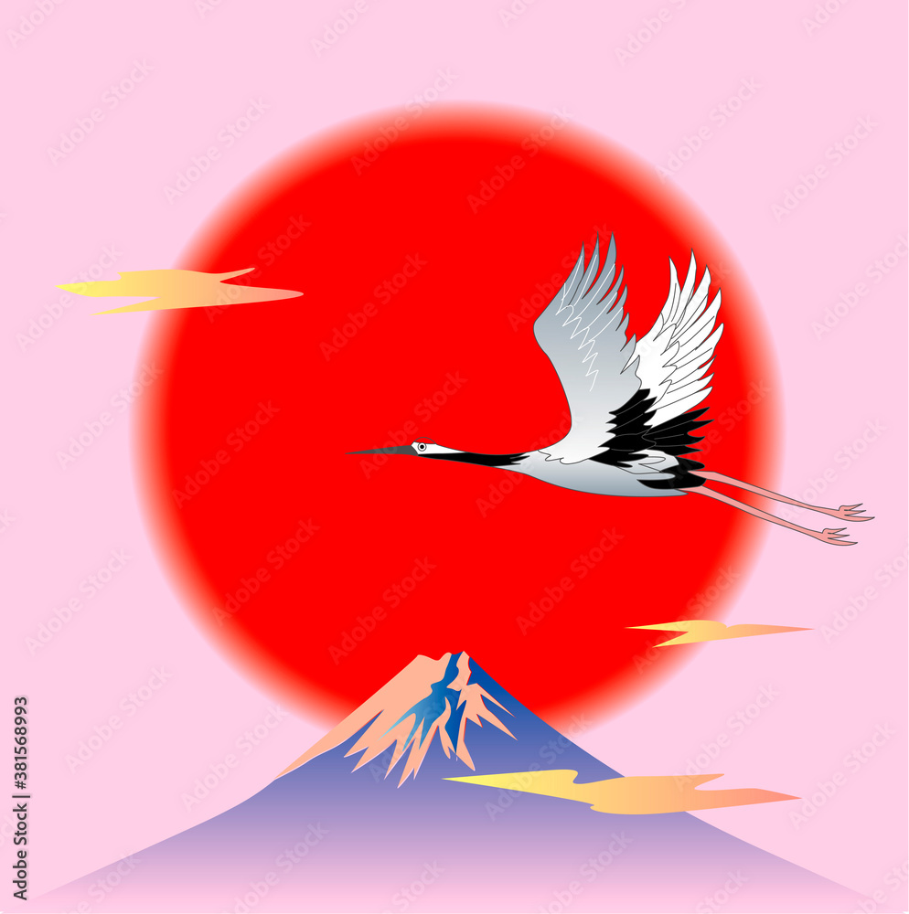 Fototapeta premium 鶴と初日と富士