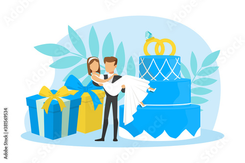 Tiny Couple of Newlyweds Standing beside Wedding Cake and Huge Gift Boxes, Groom Holding Bride on his Hands at their Wedding Party Flat Vector Illustration