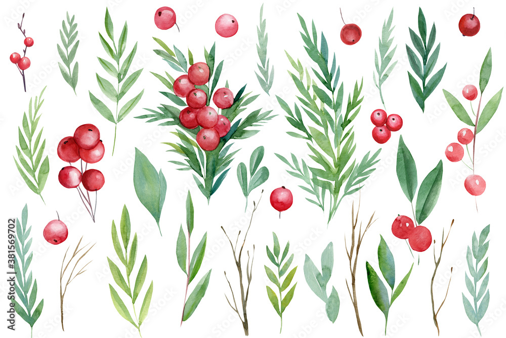 Christmas set of watercolor patterns on isolated white background, branches, leaves, red berries, holly Christmas set of watercolor patterns on isolated white background, branches, leaves, red berries, holly