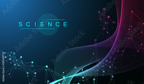 Big Genomic Data Visualization. DNA helix, DNA strand, DNA Test. CRISPR CAS9 - Genetic engineering. Molecule or atom, neurons. Abstract structure for Science or medical background, banner. Wave flow.
