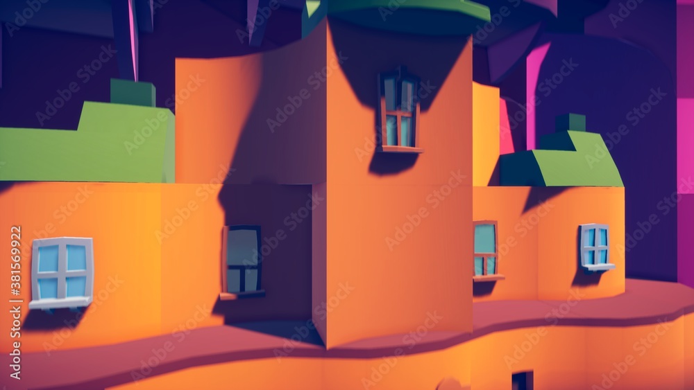 Naklejka premium Stylized Low Poly Modern urban city buildings on the ocean coast