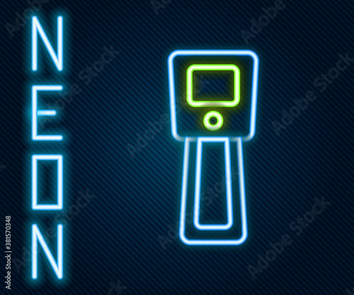 Glowing neon line Digital contactless thermometer with infrared light icon isolated on black background. Colorful outline concept. Vector.