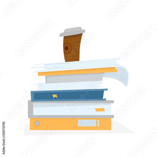Vector Cartoon Illustration Of Stack Of Documents, Papers And Files With Coffee Cup On It. Isolated On White.